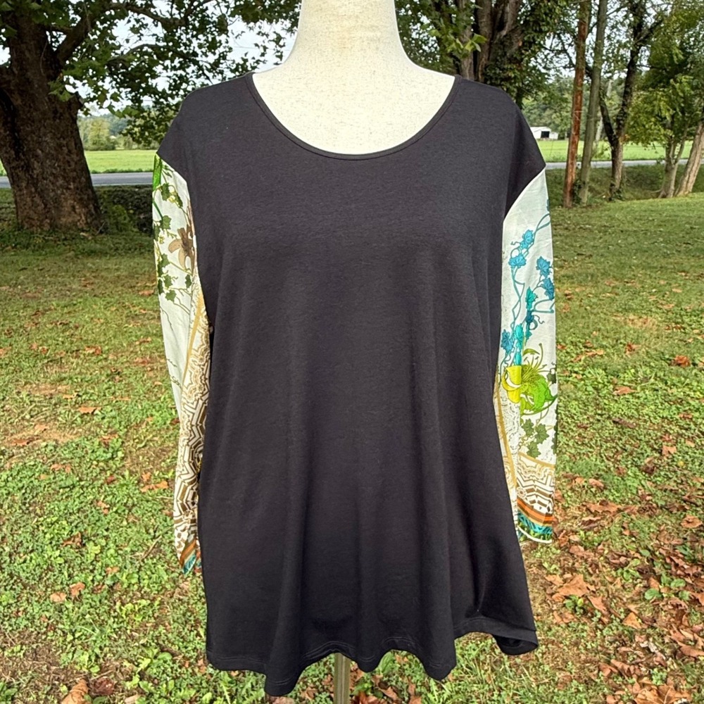 Johnny Was Calme Black Bamboo Silk Floral Scarf Sleeve Top XL Boho Artsy